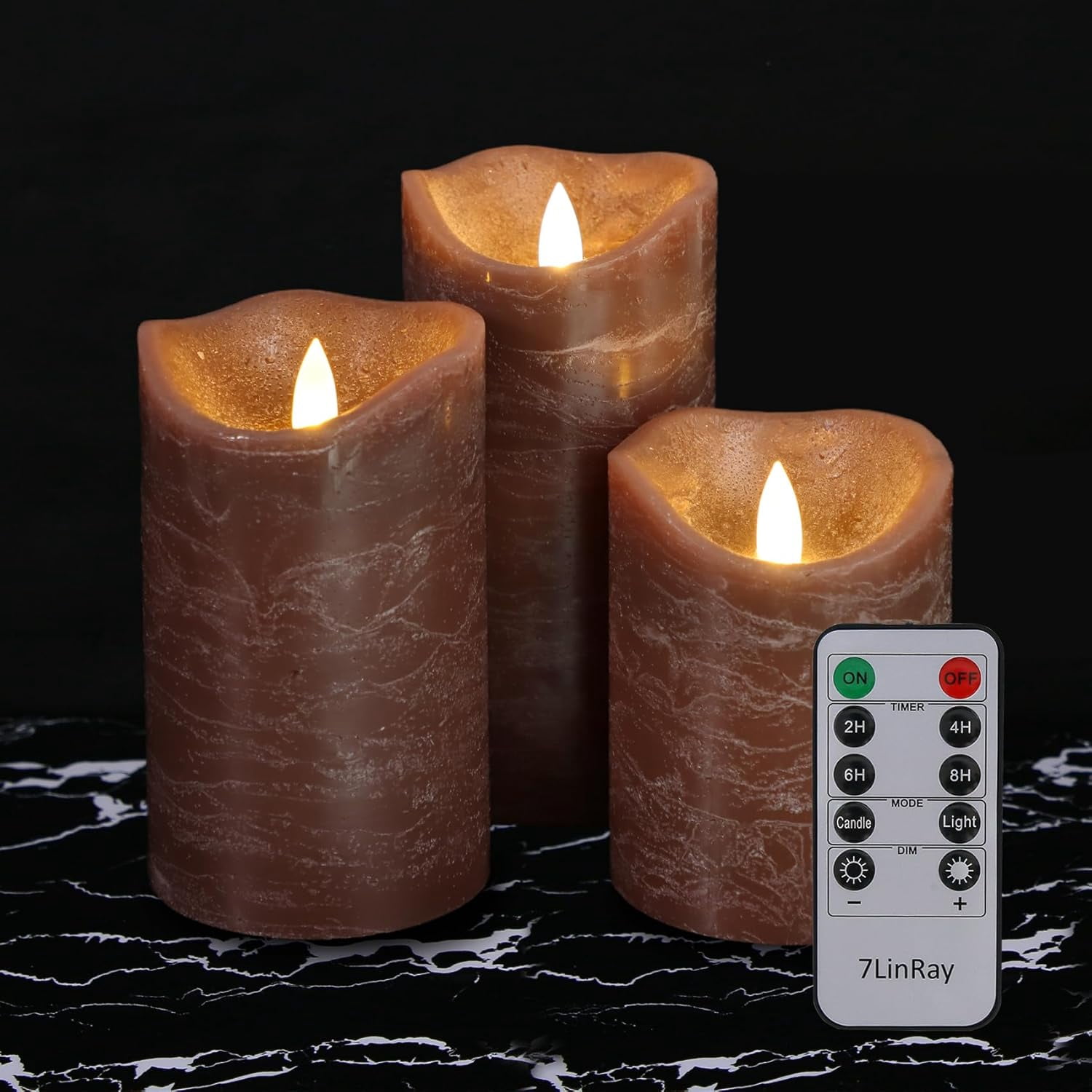 Brown Flameless Candles with Remote, Real Wax Battery Operated LED Candles, Flickering Flameless Pillar Candles for Wedding, Festival, Set of 3