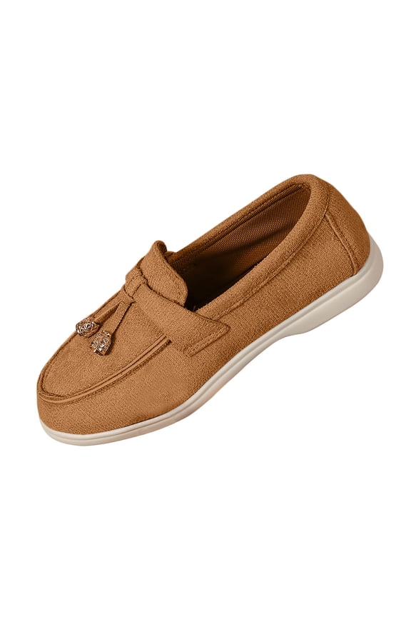 Brown Flat Loafers For Ladies Comfortable Casual Slip On Round Toe Solid Color Low Top Lazy Shoes Versatile Work Moccasins