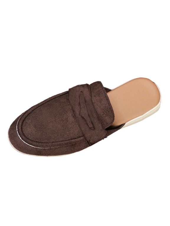 Brown Flat Shoes For Women Slip On Mules Backless Loafers Solid Color Casual Shoes Soft Suede Material Comfortable Everyday Footwear Size 43