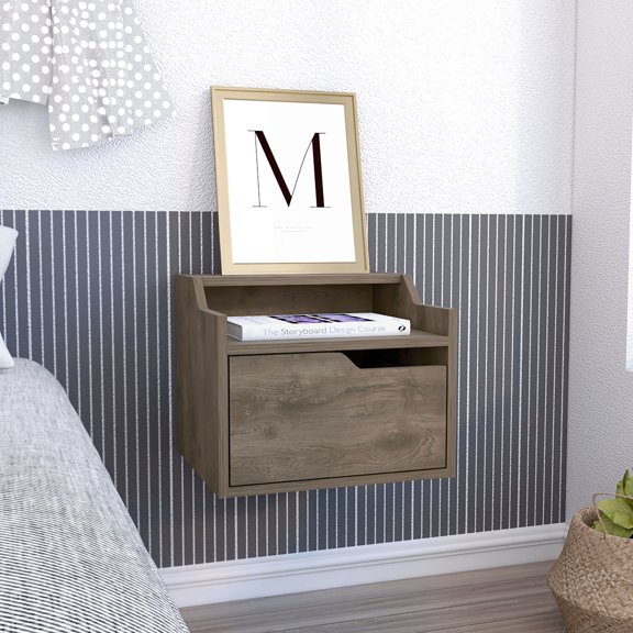 Brown Floating Side Table with Discrete Storage / Easy to Assemble in Bedroom
