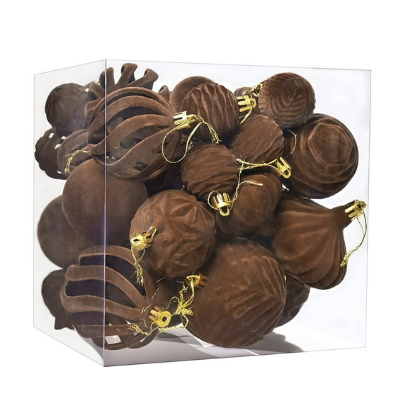Brown Flocked Christmas Tree Ornaments 36 Pieces With Velvet Balls For Holiday Decorating