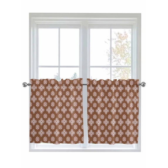 Brown Floral 2 Panel Kitchen Curtains for Small Windows, Spring Flowers Modern Abstract Art Farmhouse Bathroom Tier Curtain, Short Window Treatment for Bedroom/Living Room 55"x24"