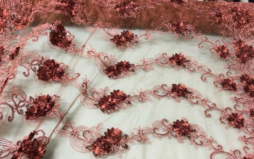 Brown Floral Appliqué Net Lace Fabric, Apparel, Home Decor