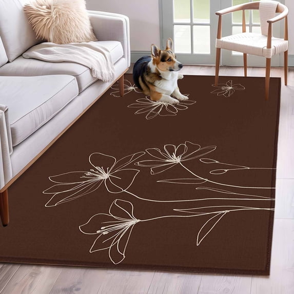 Brown Floral Area Rugs 2.7'x5', Washable Small Throw Rugs for Kitchen Bedroom, Spring Flower Indoor Outdoor Rug Non-Slip Low Pile Carpet Runner Reversible Floor Mats
