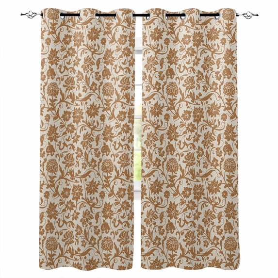 Brown Floral Blackout Curtains for Bedroom/Living Room, Thermal Insulated Kitchen Curtains, Vintage Rustic Flowers Botanical Spring Grommet Darkening Window Treatment Drapes 42"x63"x2