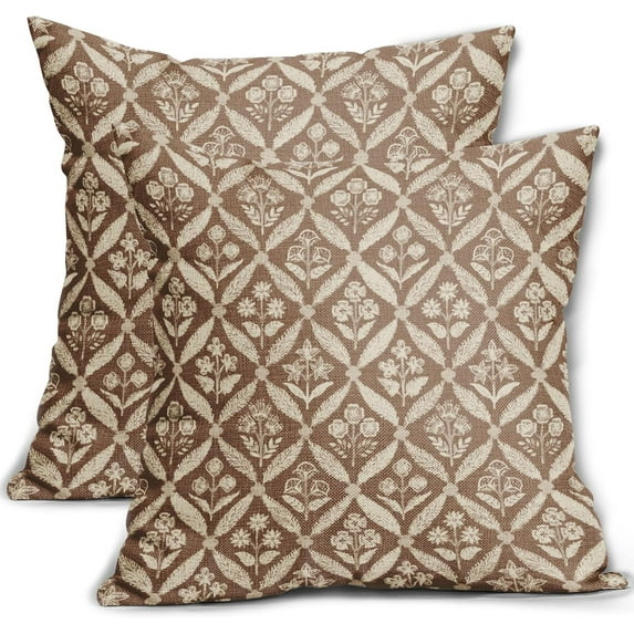 Brown Floral Block Print Pillow Covers 16X16 Set of 2, Flower Pattern Spring Summer Print Decorative Throw Pillow Covers Outdoor Farmhouse Seasonal Cushion Case Couch Sofa Bed Decor