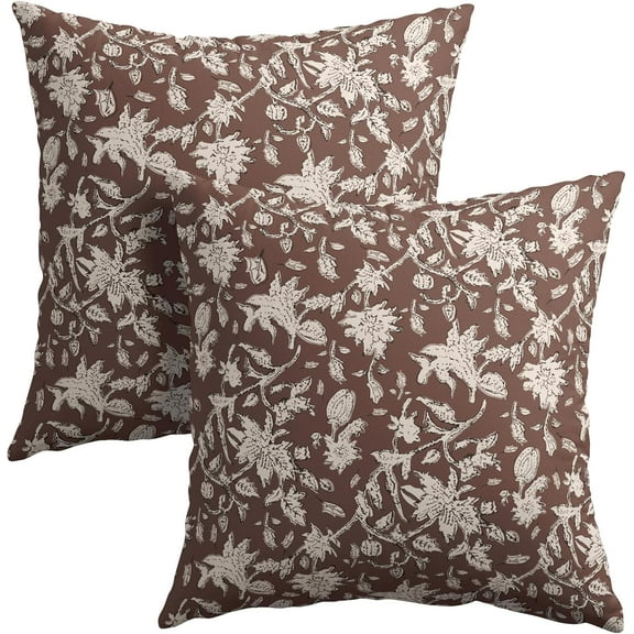 Brown Floral Block Print Throw Pillow Covers 18x18 Inch Set of 2 Vintage Boho Cottage Spring Fall Decor Cushion Cover Neutral Accent Modern Pillowcase for Home Bedroom Sofa Couch