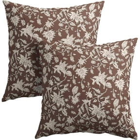 Brown Floral Block Print Throw Pillow Covers 20x20 Inch Set of 2 Vintage Boho Cottage Spring Fall Decor Cushion Cover Neutral Accent Modern Pillowcase for Home Bedroom Sofa Couch
