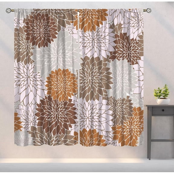 Brown Floral Curtains, Boho Dahlia Chrisanthemum Flowers Art Printed Window Drapes for Bedroom Living Room Kitchen Decor Fabric Set 2 Panel 84x84 Inch 80% Shading Rate