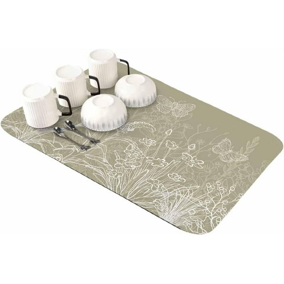 Brown Floral Dish Drying Mat for Kitchen Counter, Super Absorbent Quick Dry Coffee Bar Mat Pad Thin Diatomaceous Sink Mat Non Slip Dish Drainer Mat 16''''x18'''' Minimalist Vintage Botanical Flower