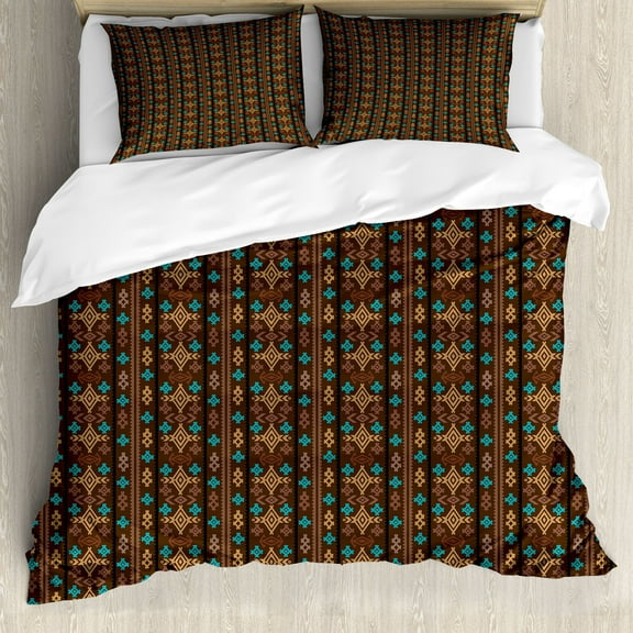 Brown Floral Duvet Cover Set, Tribal and Prehistoric Ethnic Motifs Geometric Chocolate Tone Composition, Decorative 3 Piece Bedding Set with 2 Pillow Shams, Calking Size, Brown and Blue, by Ambesonne