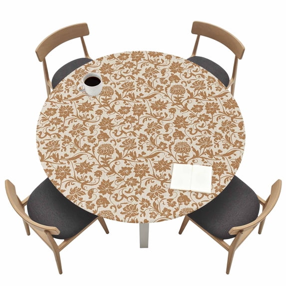 Brown Floral Fitted Tablecloth with Elastic Edged, Round Table Cloth for Dining Table, Vintage Rustic Flowers Botanical Spring Waterproof Oil Proof Table Cover for Indoor Outdoor 36"-44"