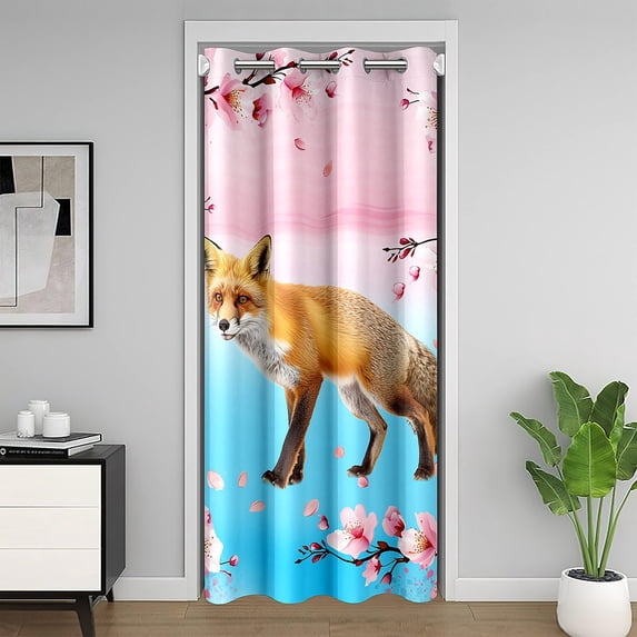 Brown Floral Fox 52"W X 80"L Door Curtain For Doorway Privacy Cute Fox Door Drape Pink Cheerry Blossom Blackout Curtain Woodland Safari Animal Room Divider Curtain Bedroom Doorway,Blue Darkening