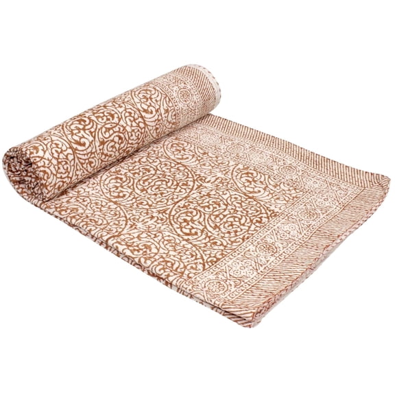 Ozark Textile Brown Floral Indian Block Print Handmade Hand Stitched Cotton Quilt