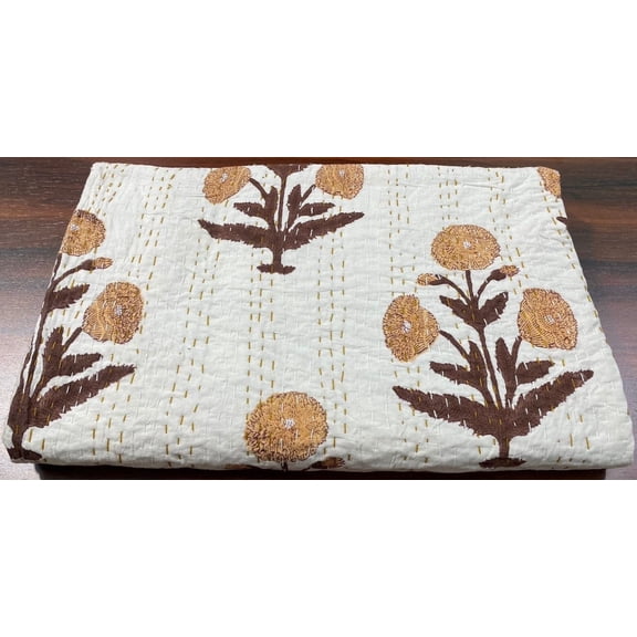 Brown Floral Kantha Quilt: Hand-Stitched Cotton Boho Bedding