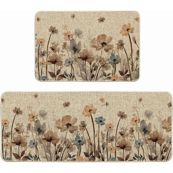 Brown Floral Leaves Spring Kitchen Mats Set of 2, Spring Decor Low-Profile Kitchen Rugs for Floor - 24x35 and 24x59 Inch