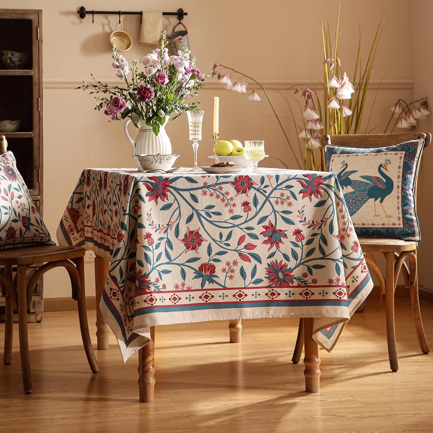 Brown Floral Linen Tablecloth,French Vintage with Yellow Flowers