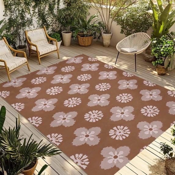 Brown Floral Outdoor Rug 5x7 Ft - Reversible Patio Rug Outdoor Camping Rugs, Spring Flowers Modern Abstract Art Farmhouse Indoor Outdoor Area Rugs, Non-Slip Outdoor Carpet Runner for Deck/Porch