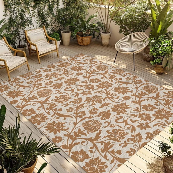 Brown Floral Outdoor Rug for Patio/Deck/Porch, Non-Slip Large Area Rug 5 x 7 Ft, Vintage Rustic Flowers Botanical Spring Indoor Outdoor Rugs Washable Area Rugs, Reversible Camping Rug Carpet Runner