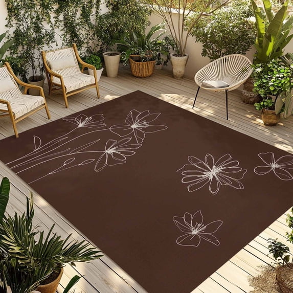 Brown Floral Outdoor Rug for Patio/Deck/Porch, Non-Slip Large Area Rug 5 x 8 Ft, Spring Flower Indoor Outdoor Rugs Washable Area Rugs, Reversible Camping Rug Carpet Runner