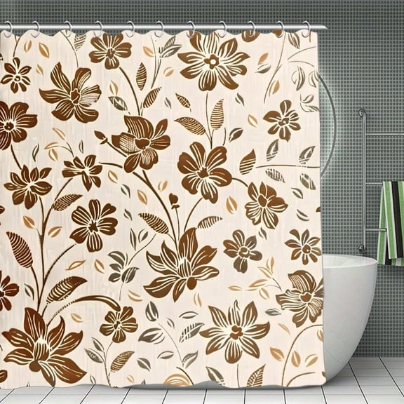Brown Floral Pattern Print Shower Curtain,Modern Fabric Waterproof Shower Curtain Set with Hooks,70.8×70.8Inch
