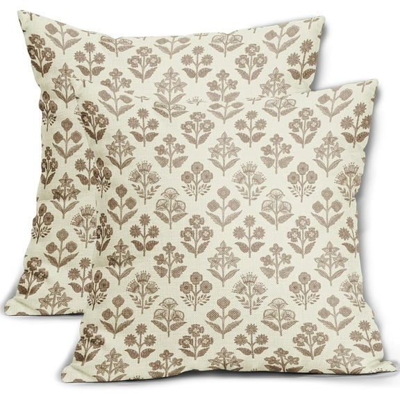 Brown Floral Pillow Covers 16x16 Inch Set of 2, Vintage Flower Block Print Pattern Decorative Throw Pillowcases Outdoor Farmhouse Cushion Covers Spring Summer Rustic Sofa Couch Bed Decor
