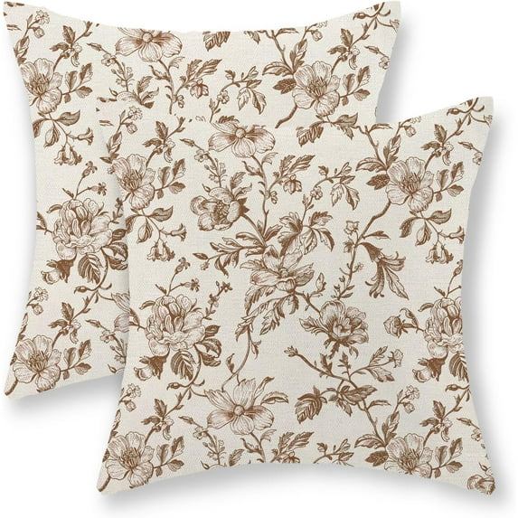 Brown Floral Pillow Covers 18x18 Set of 2 Brown and Cream Chinoiserie Floral Decorative Throw Pillows Vintage Rustic Toile Flower Pillowcase Outdoor Decor Linen Cushion Covers for Couch Sofa