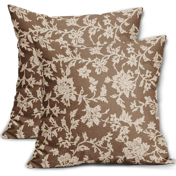 Brown Floral Pillow Covers 20x20 Set of 2 Brown Cream Vintage Flower Block Print Pattern Decorative Throw Pillowcases Outdoor Rustic Farmhouse Square Cushion Cases Decor for Home Couch Sofa Bed