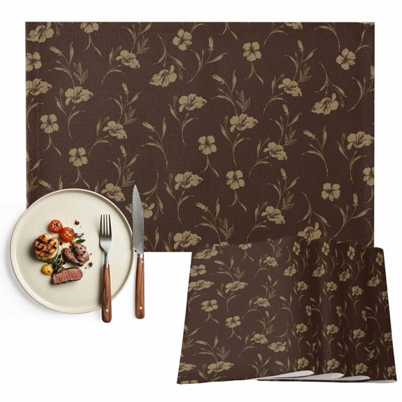 Brown Floral Placemats Set of 2, Vintage Spring Botanical Flowers Washable Wipeable Table Mats for Dining Tables, Indoor Outdoor Kitchen Place Mats for Holiday Party Table Decor