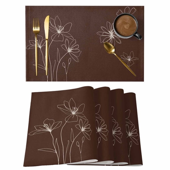 Brown Floral Placemats Set of 8 Spring Flower Place Mats Indoor Wipeable Table Mats Washable Cloth Dining Table Placemats for Kitchen Holiday Party Home Decor 13x19 Inch