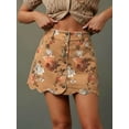 thumbnail image 1 of Brown Floral Print High-Waist Button-Front Scalloped Hem A-Line Denim Mini, 1 of 17