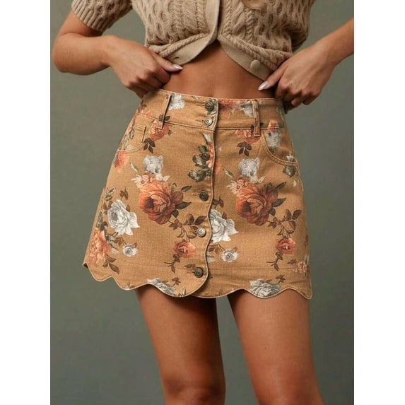 Brown Floral Print High-Waist Button-Front Scalloped Hem A-Line Denim Mini