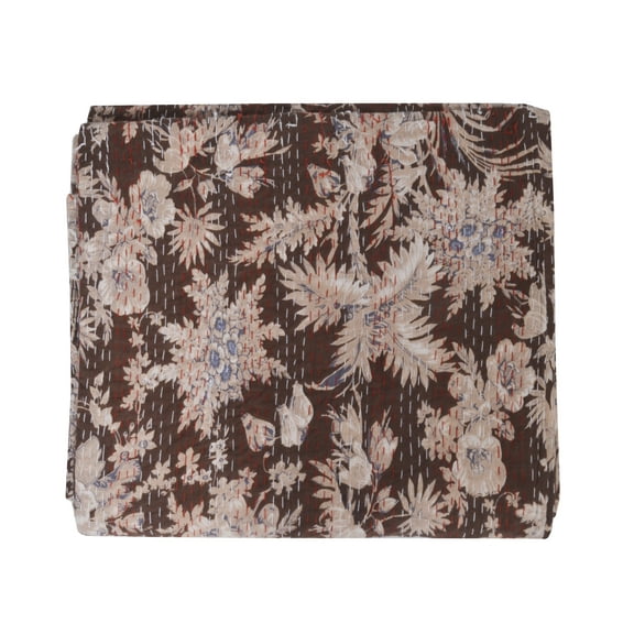 Brown Floral Print Kantha Quilt Indian Block Print Quilt Cotton Kantha Throw Kantha Blanket Handmade Quilt Double Size Kantha Bedspread
