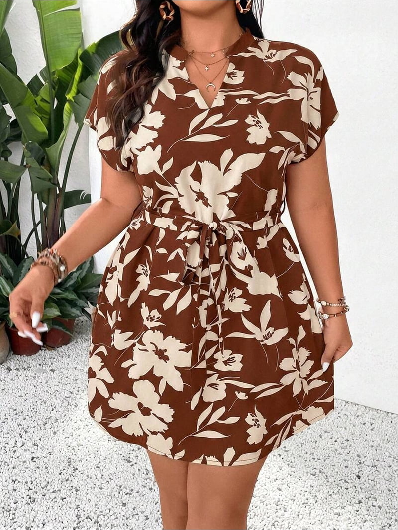 brown summer dress short Floral Print V-Neck Tie Waist Sleeve For Women Vacation Dress, Women's, Size: 4XL CATEGORIA_Colonna camoscio Size:XXL / N18 length cut Men's Black Stretch Business