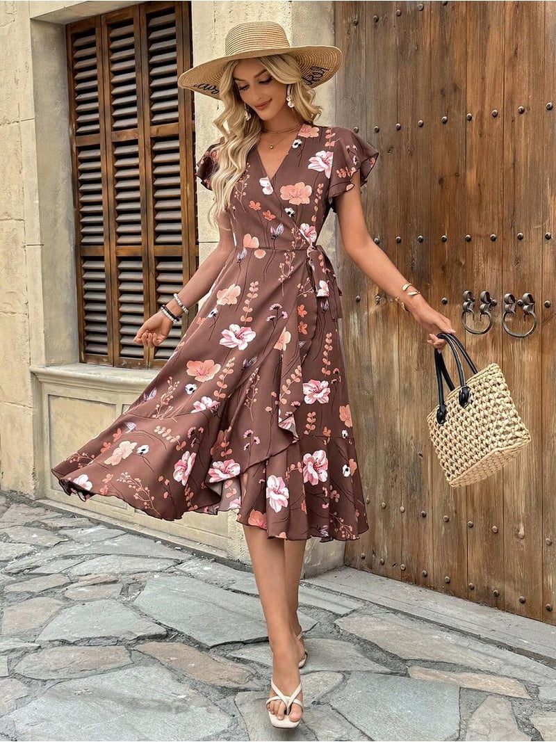 brown v neck midi dress Floral Print Wrap With Ruffle Sleeves And V-Neck For Women Duration:4 Days - $109 this beautiful dress features trending casual strapless midi dress 2025 Black A line V