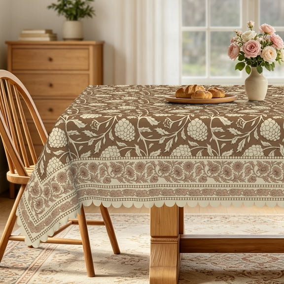Brown Floral Rectangle Tablecloth,52x70 Inch,Waterproof Stain Resistant Table Cover for Kitchen Dining Party Decor