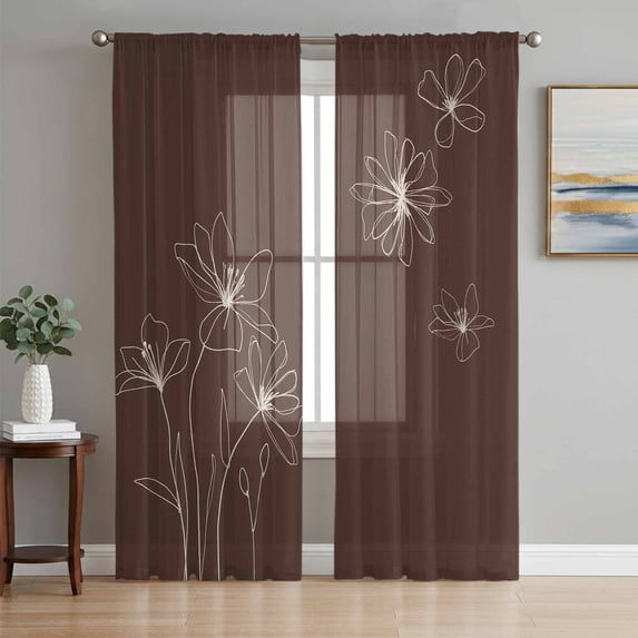 Brown Floral Sheer Curtains 63 Inch Length 2 Panels Set, Spring Flower Voile Window Treatment Rod Pocket Curtains Sheers Drapes for Bedroom/Living Room/Kitchen 52x"63"x2