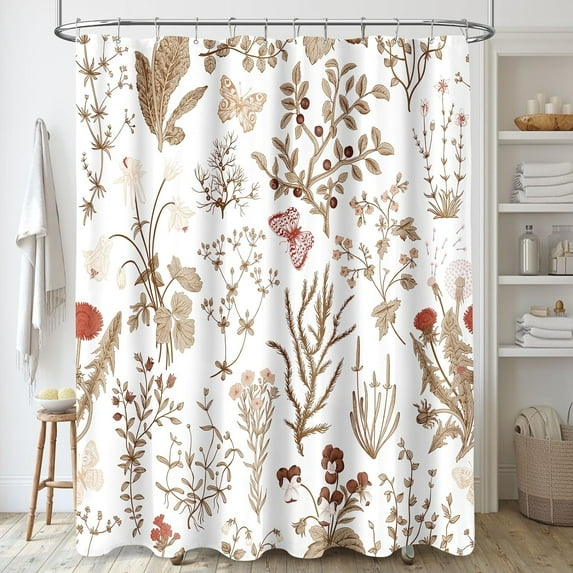 Brown Floral Shower Curtain, Cute Botanical Shower Curtain for Bathroom, Plant Herbs Flower Butterfly Aesthetic Fabric Shower Curtain Set with Hooks 72x72