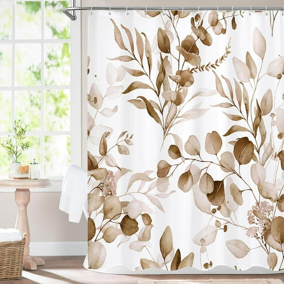 Brown Floral Shower Curtain, Modern Plants Botanical Fabric Cloth Shower Curtains for Rustic Vintage Bathroom Decor, Fall Watercolor Tan Eucalyptus Leaf, 72x72