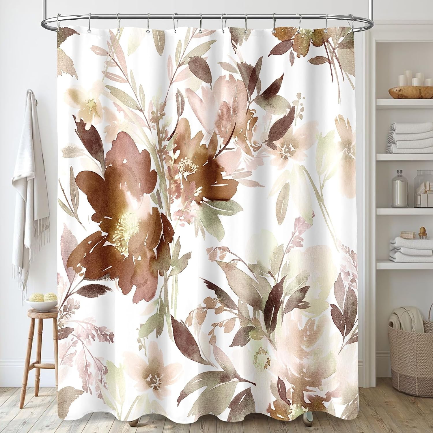 Brown Floral Shower Curtain, Watercolor Flower Shower Curtain for Bathroom, Modern Abstract Ink Decorative Fabric Shower Curtain Set with Hooks 72x72