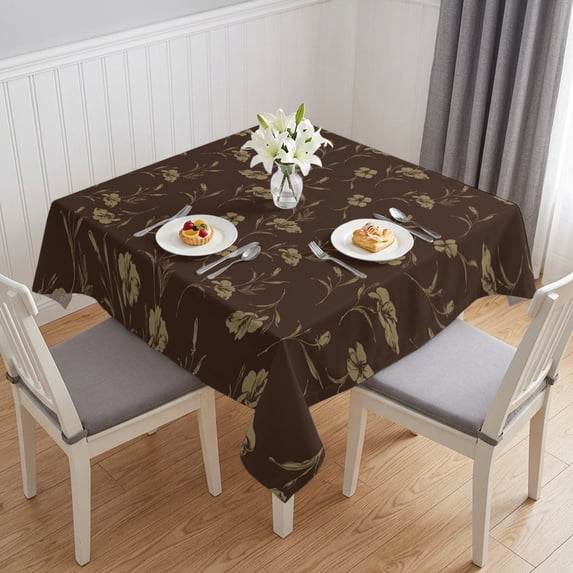 Brown Floral Table Cloth Waterproof Tablecloths, Vintage Spring Botanical Flowers Tablecloth Dining Table Cover for Kitchen Party Tabletop Outdoor, Square Tablecloth 54x54 Inch