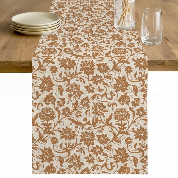Brown Floral Table Runner - 60 Inch Long Vintage Rustic Flowers Botanical Spring Cotton and Linen Blended Dress Scarves Farmhouse Table Runner for Kitchen Dining, Coffee Table, 13" x 60"