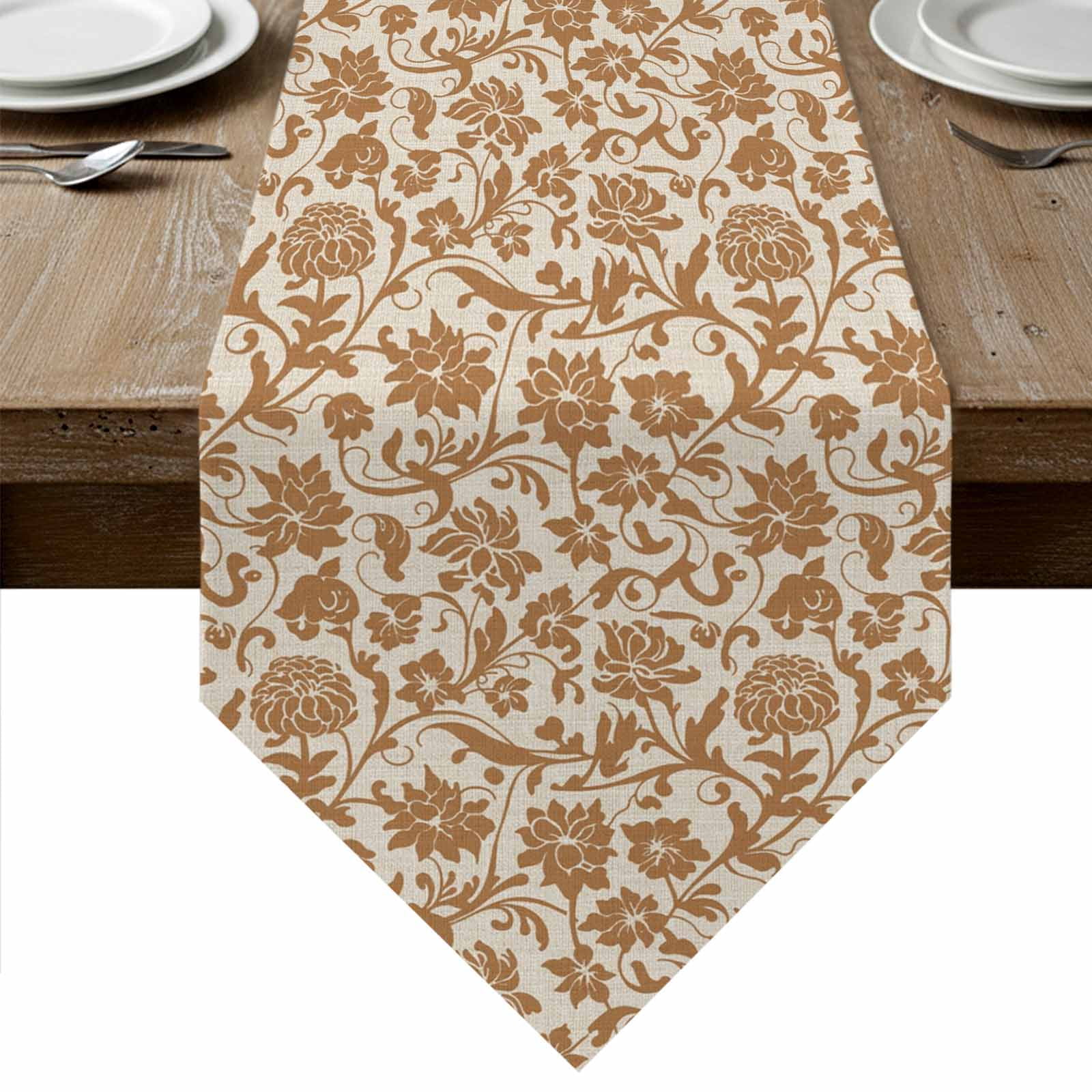 Brown Floral Table Runner Linen Burlap Table Runner 60 Inches Long Vintage Rustic Flowers Botanical Spring Dresser Scarves for Kitchen Island Coffee Dining Party Wedding Banquet Holiday Decor 13"x60"