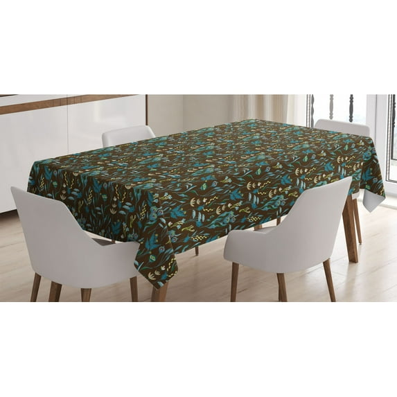 Brown Floral Tablecloth, Tropical Breeze Exotic Flowers Spring Birth of the Botanical Artwork, Rectangle Satin Table Cover for Dining Room and Kitchen, 60" X 84", Dark Cocoa Sea Blue, by Ambesonne