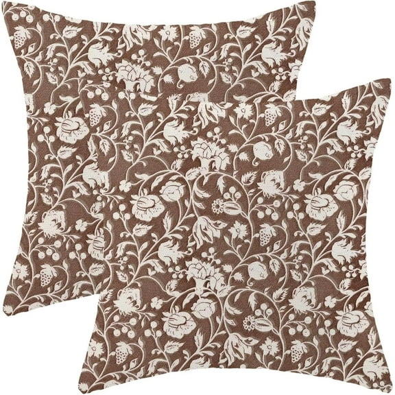 Brown Floral Throw Pillow Covers 18x18 Set of 2, Flower Print Linen Decorative Pillow Covers Neutral Vintage Decoration Outdoor Cushion Cover Floral Pillowcase for Sofa Couch Farmhouse Room