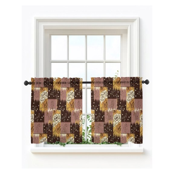 Brown Florals Sheer Kitchen Tier Curtains 24 Inch Length,Short Curtains for Small Windows Cafe,Swirl Leaves Distressed Plaid Patchwork Rod Pocket Voile Half Window Treatments 27.5"x24" 2 Panels