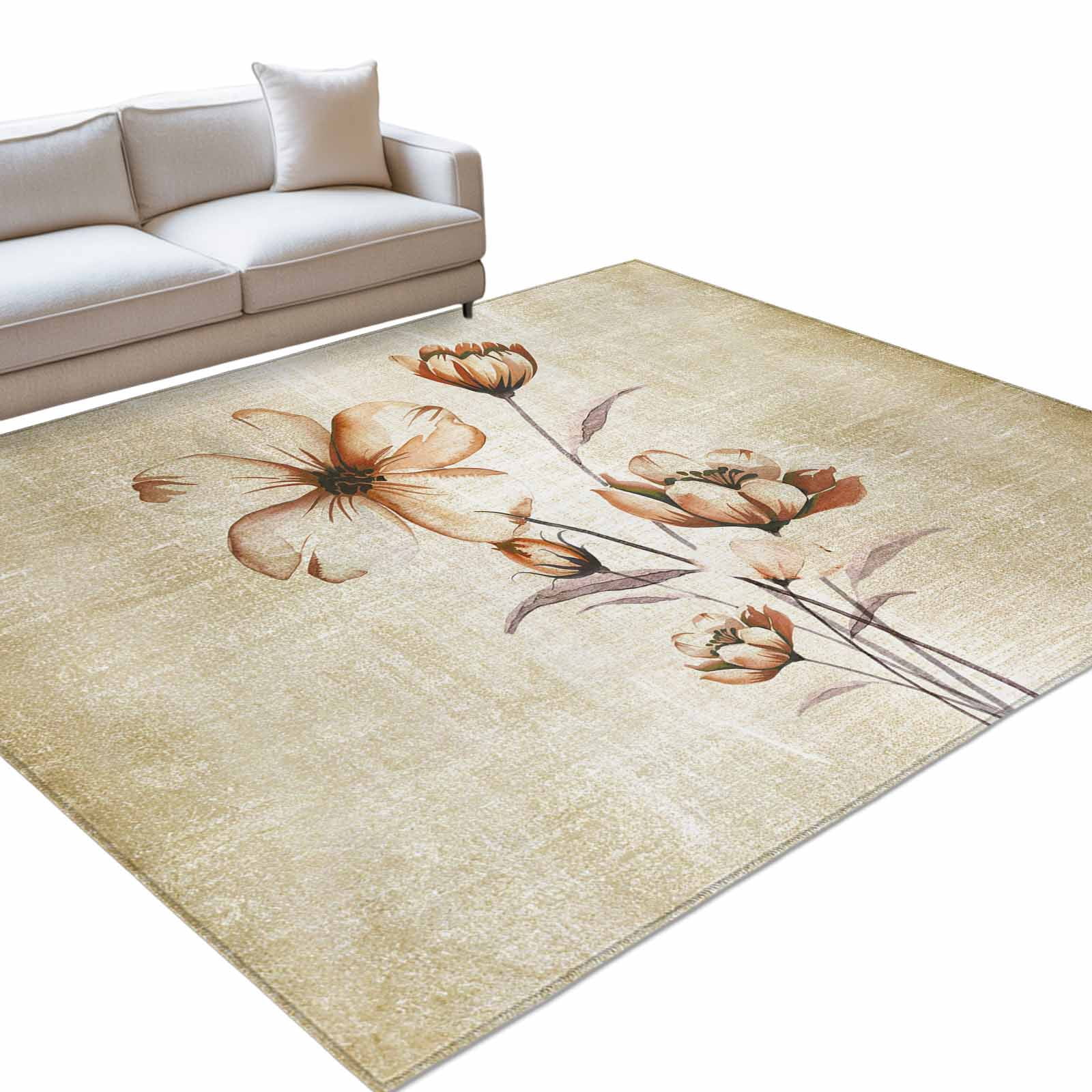 Brown Flower 5x8ft Non Slip Area Rug Vintage Abstract Botanical Rustic ...