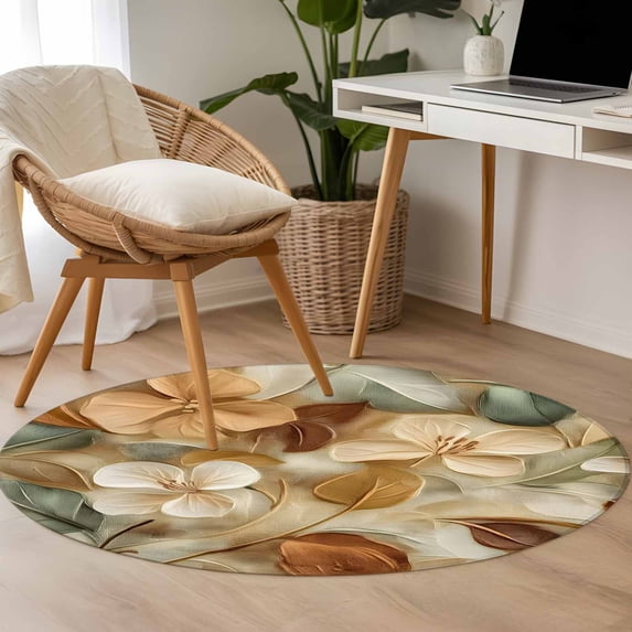 Large Corner Rug Brown Flower Branch 3.3ft Round Rug for Bedroom Reading Corner, Leaves ...