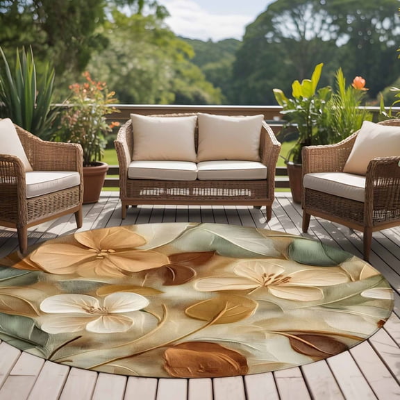 Brown Flower Branch 8ft Round Rug for Open Concept Living Room Seating Zone, Leaves Plant Retro Farmhouse Washable Non Slip Large Circle Area Rug