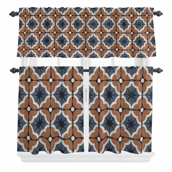Brown Flower Curtain Valances Set Vintage Blue Color Blocks Abstract Modern Kitchen Curtains 24&nbsp;inch Length Rod Pocket Valance and Tiers 3 Piece Set Small Bedroom Bathroom Laundry Decor